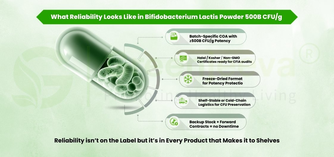 Infographic highlighting reliability features of Bifidobacterium Lactis Powder: potency, certifications, logistics, and backup strategies.