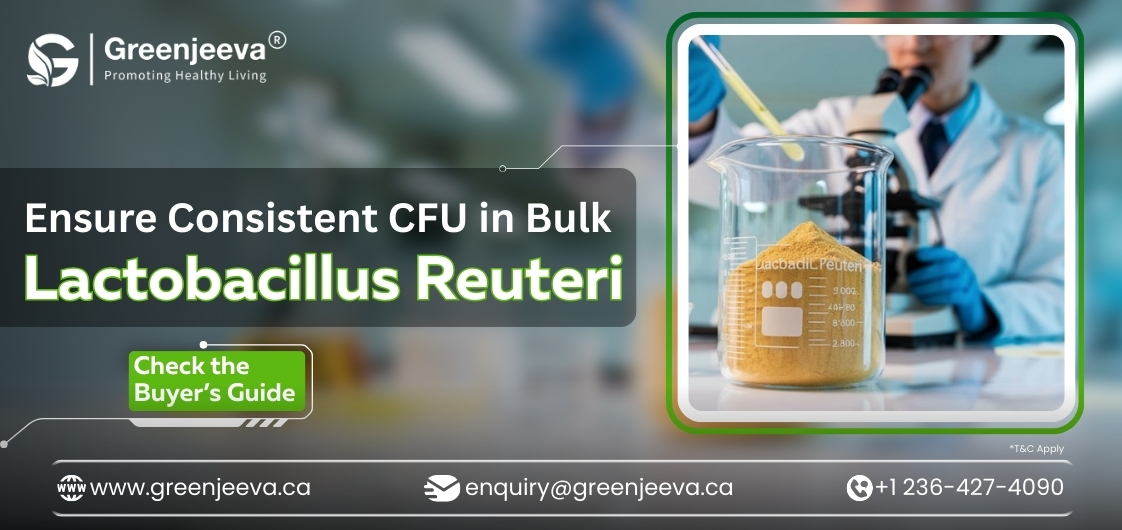 Banner promoting buyer’s guide for bulk Lactobacillus reuteri powder with tips to ensure consistent CFU for formulators and wellness brands.