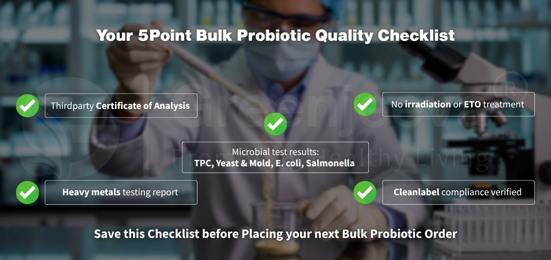 bulk probiotics displaying verified tests for safety, quality, and compliance in a scientific setting.