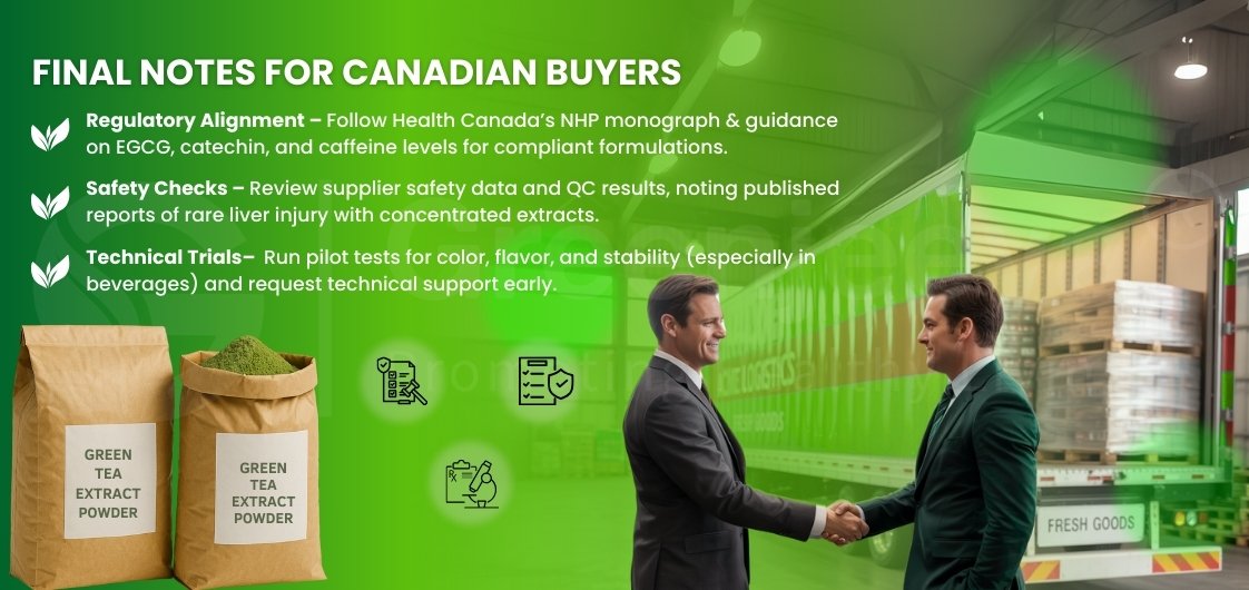 Green tea extract powder bags and regulatory notes.