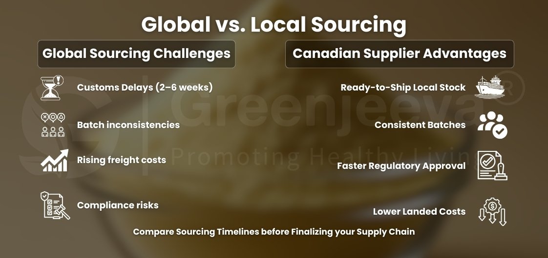 Global Sourcing Challenges like customs delays and rising costs, against Canadian Supplier Advantages such as ready-to-ship stock and lower costs.