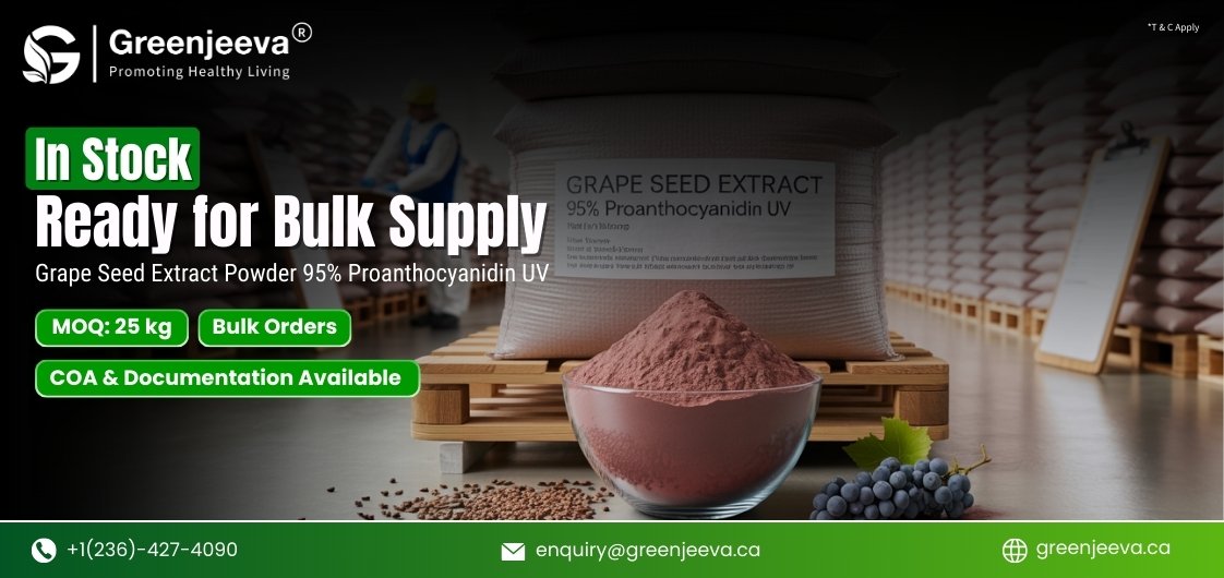 Image promoting Greenjeeva's grape seed extract powder for bulk supply, showcasing the product and details like MOQ and contact info.