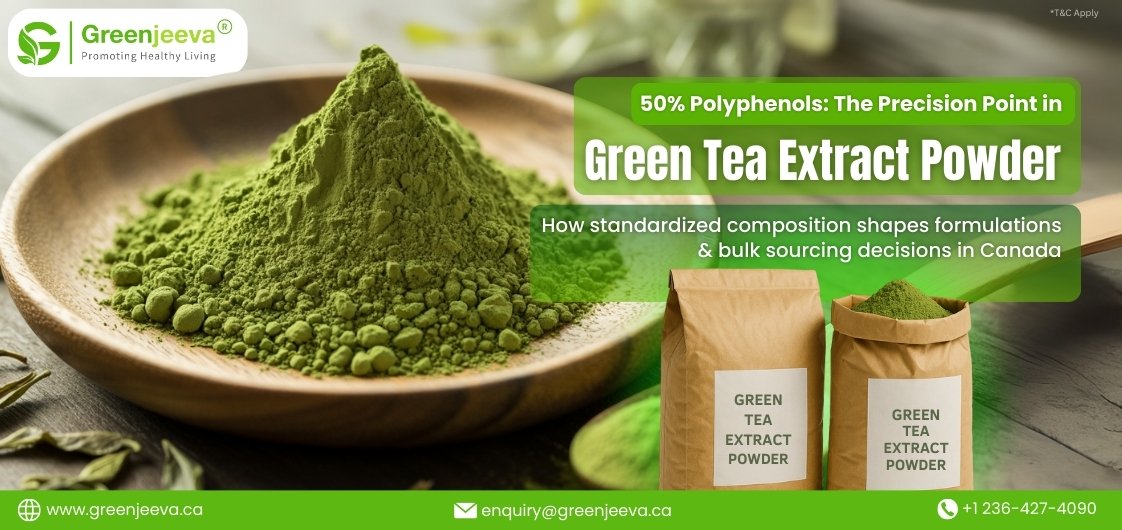 A wooden bowl holds vibrant green tea extract powder