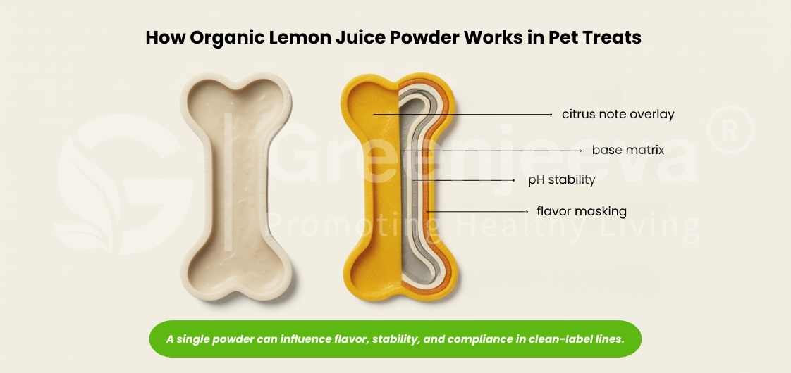 Diagram illustrating how organic lemon juice powder enhances flavor, stability, and compliance in pet treats. Bone-shaped treats shown.