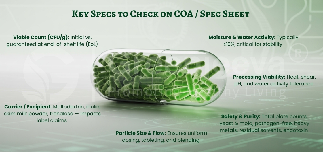 Infographic detailing key specs for probiotics, including viable count, carrier types, moisture, processing viability, and safety standards.