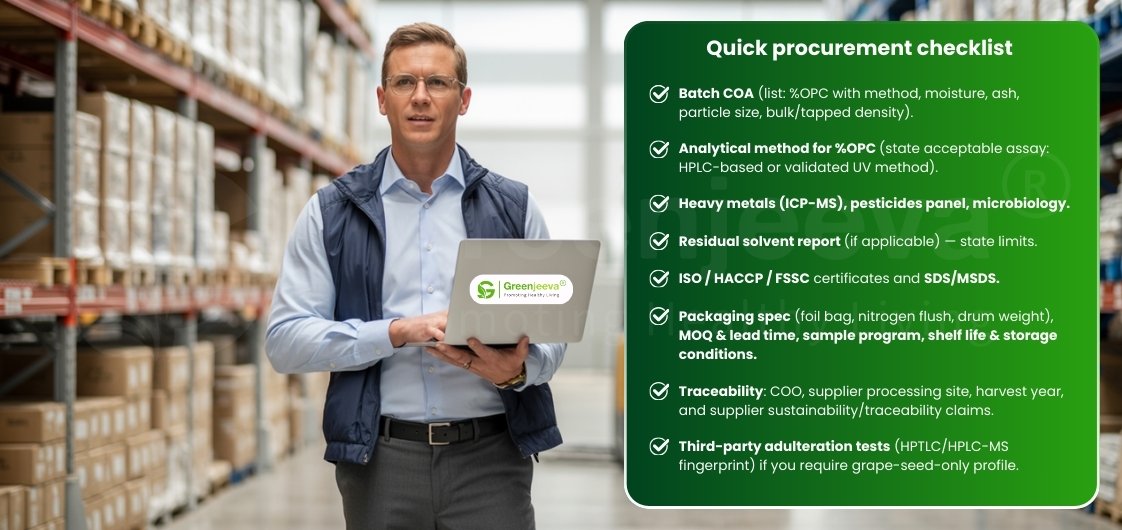 A person stands in a warehouse holding a laptop displaying a checklist for quick procurement related to product quality assurance.
