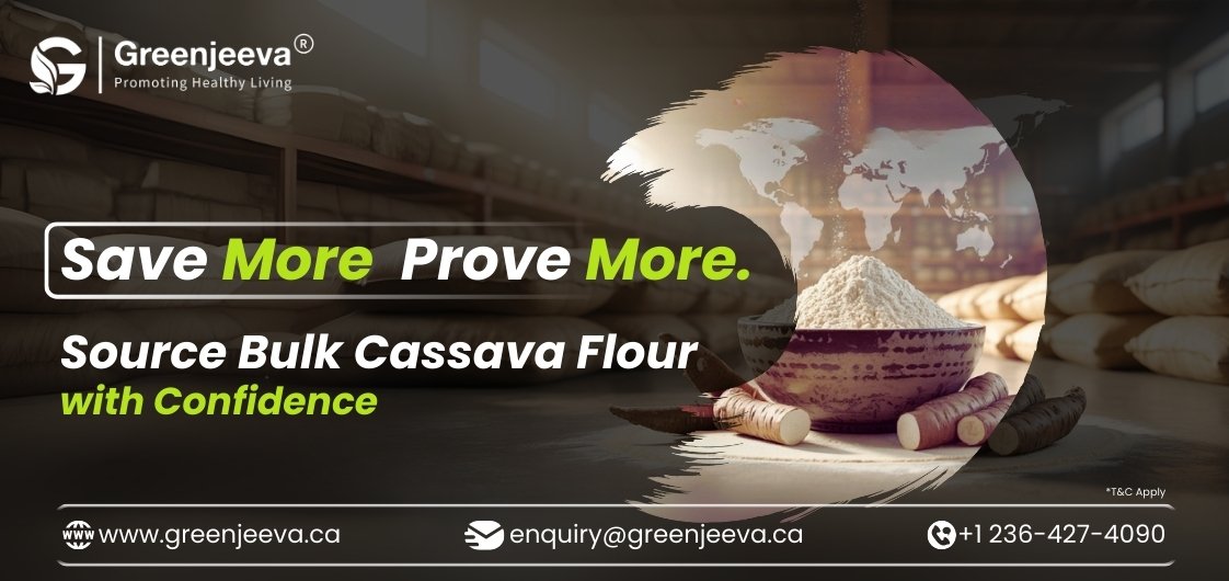 Greenjeeva advertisement promoting bulk cassava flour with a background of bags and a bowl of flour, encouraging savings and confidence.