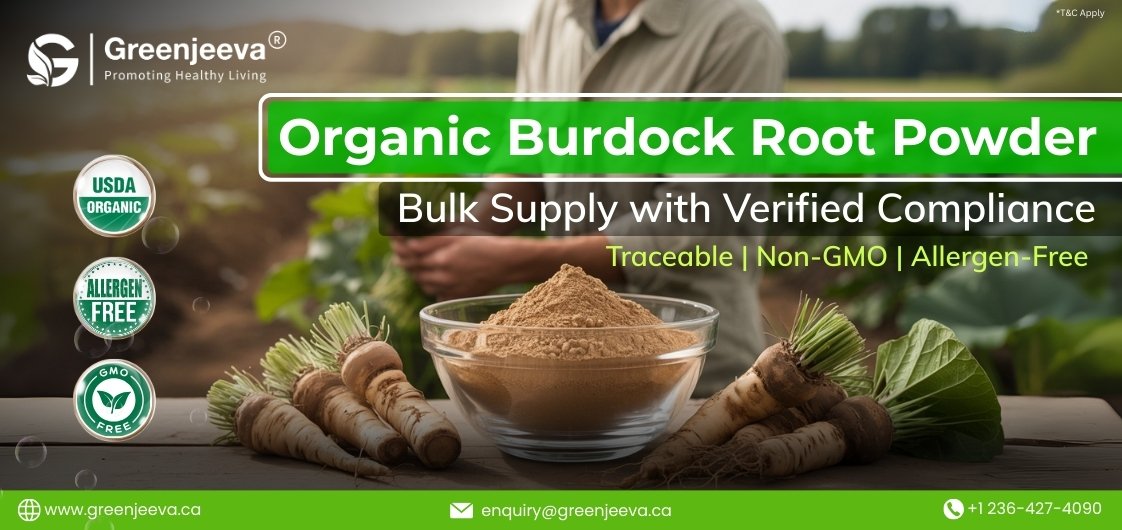 A bowl of organic burdock root powder, surrounded by fresh burdock roots, promotes healthy living with USDA organic, non-GMO claims.
