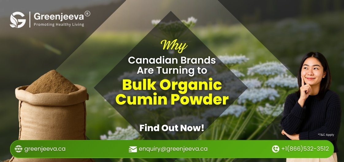 GreenJeeva promotional banner featuring a smiling woman and a sack of cumin powder