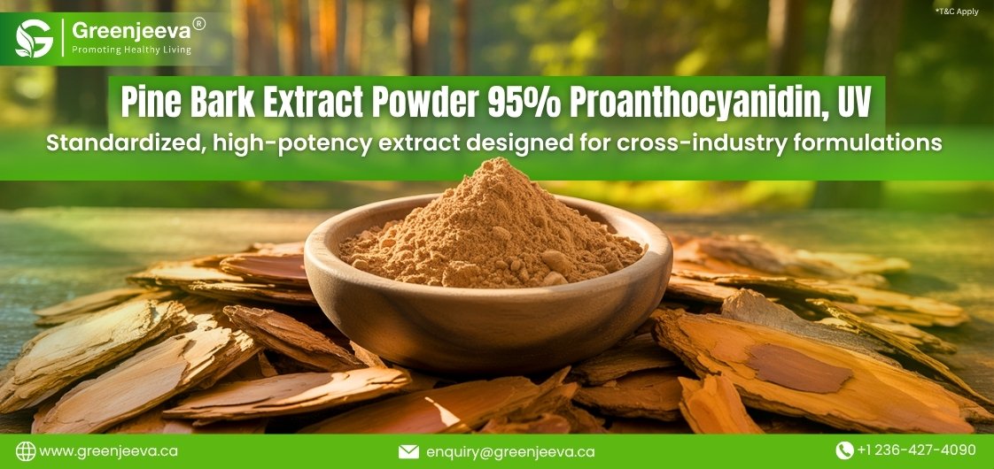 Bowl of pine bark extract powder on wooden bark backdrop, formulations for various industries.