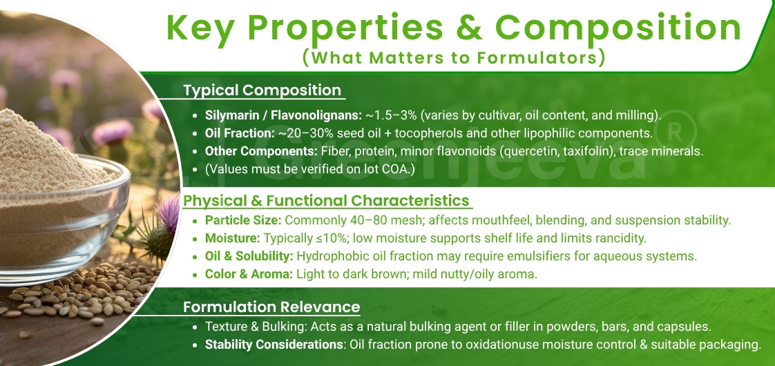 Infographic detailing the key properties, composition, and formulation relevance of a natural ingredient, including physical characteristics and stability.