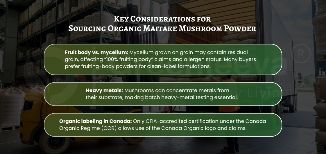 Considerations for sourcing organic maitake mushroom powder, including mycelium, heavy metals, and organic labeling.