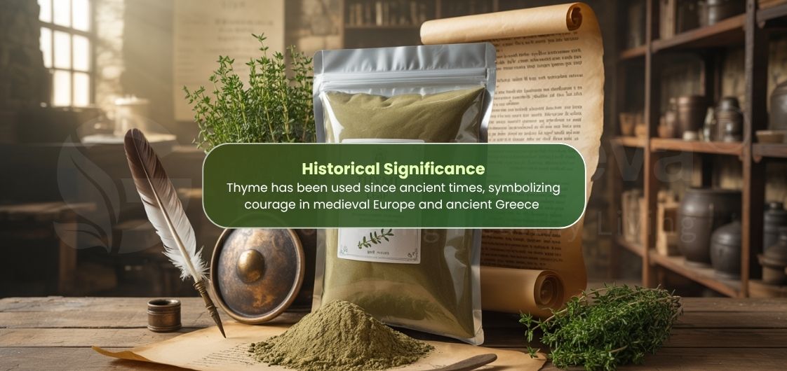 A bag of thyme sits on a wooden table beside thyme herb.