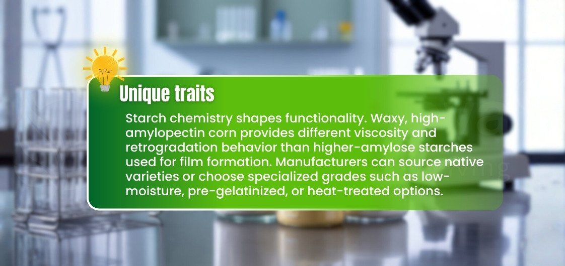 Starch chemistry and its applications in film formation, highlighting different corn varieties and specialized starch grades.