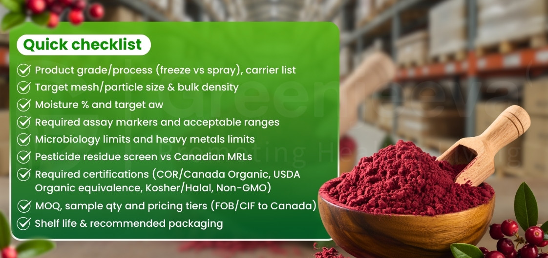 A checklist detailing Cranberry's specifications, including grade, moisture, microbiology limits, certifications