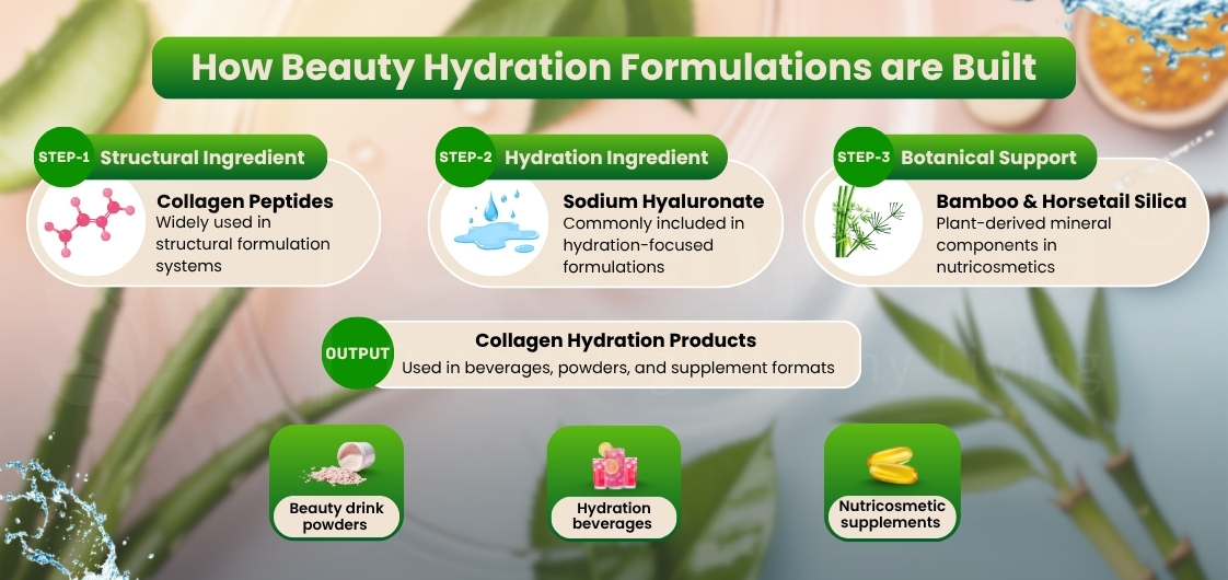 Infographic showing three steps in beauty hydration formulations: collagen peptides, sodium hyaluronate, bamboo & horsetail silica, and their product uses.